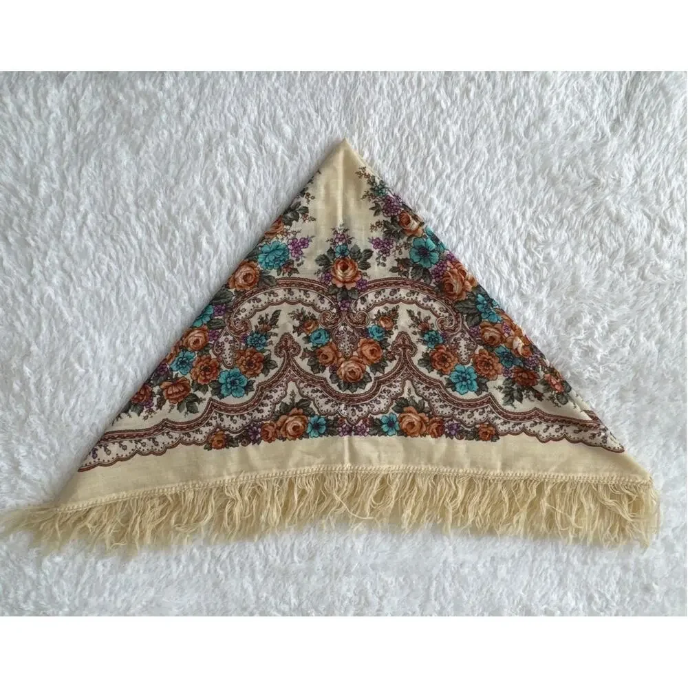 1970s Vintage Floral Hand-Knotted Fringe Shawl Scarf Boho Folk Cotton Wrap